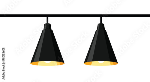 A minimalist illustration displaying two black conical pendant lights suspended from a track