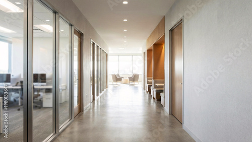 Contemporary Corporate Hallway With Glass Partitions, Minimalist Doors, Seating Alcove And Blurred Office Lounge, Professional Interior Background With Copy Space