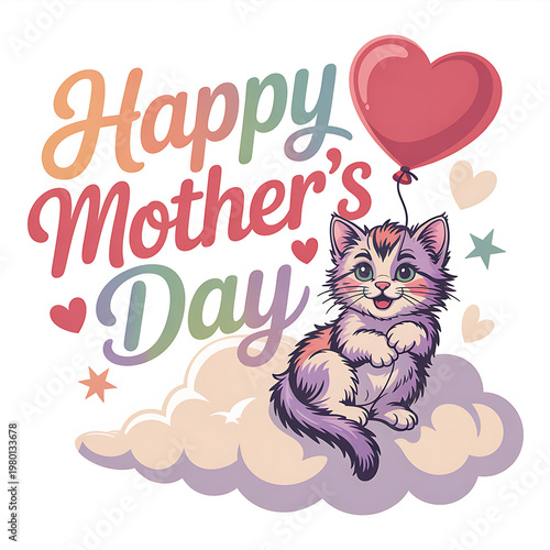 Happy Mother's Day greeting card featuring a cute kitten sitting on a cloud holding a heart-shaped balloon