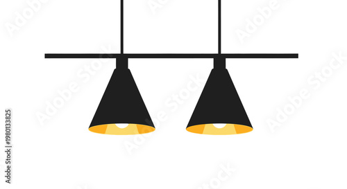 A minimalist illustration depicts two black conical pendant lights suspended from a linear track