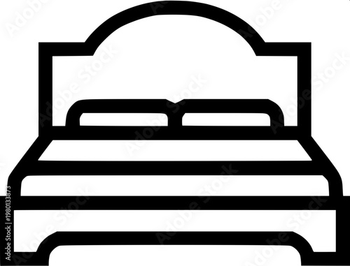 “Line-art illustration of a bed with headboard and blanket, clean and elegant outline vector style.”