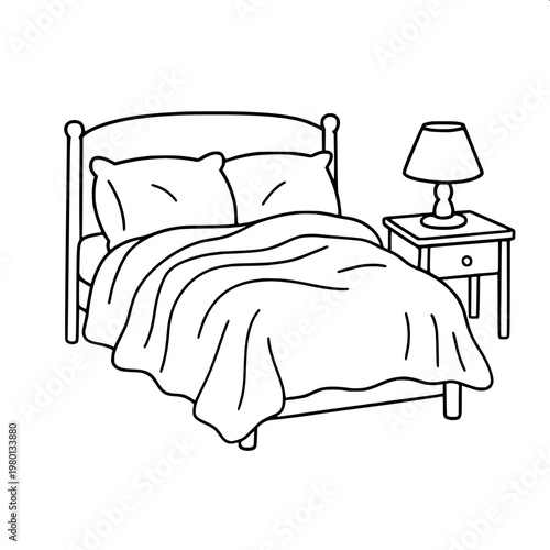 “Line-art illustration of a bed with headboard and blanket, clean and elegant outline vector style.”