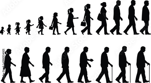 Human life stages silhouettes from child to elderly walking sequence aging concept black vector illustration set