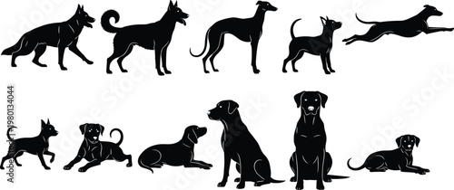 Dog silhouettes set with different breeds poses running sitting and lying black vector illustration collection