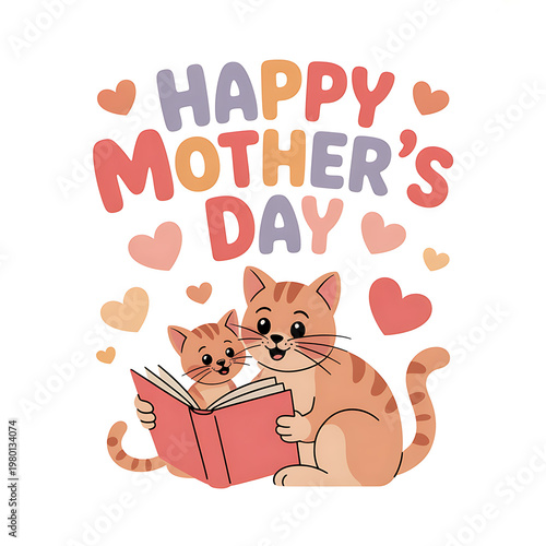 Happy Mother's Day illustration featuring a mother cat reading a book to her kitten amidst floating hearts