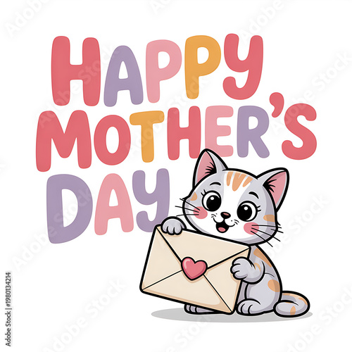Cute cartoon cat holding a letter for Happy Mother's Day, perfect for cards and gifts