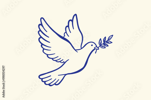 White dove carrying olive branch symbol of peace line art illustration