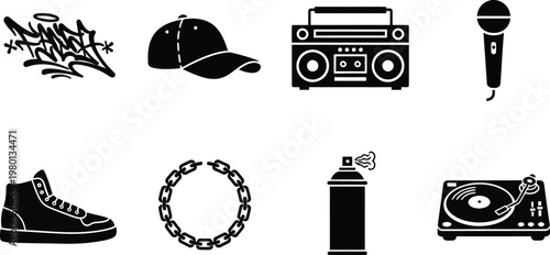 flat design vector icon pack of music and hip hop culture elements isolated on white