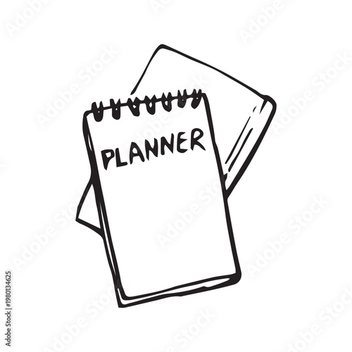 Hand drawn planner and notebook, doodle sketch of spiral notepad organizer. Black outline vector illustration isolated on white background.