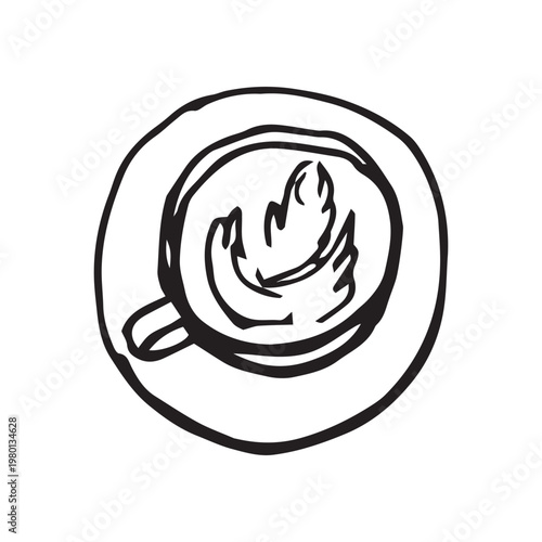 Cappuccino top view doodle illustration, hand drawn coffee cup with latte art on saucer, flat lay sketch outline vector isolated on white background for cafe menu design.