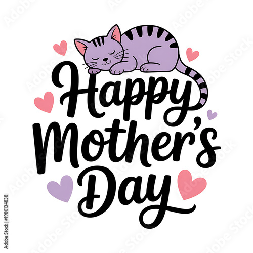 Happy Mother's Day illustration featuring a cute sleeping cat surrounded by hearts, perfect for greeting cards and gifts to celebrate mothers
