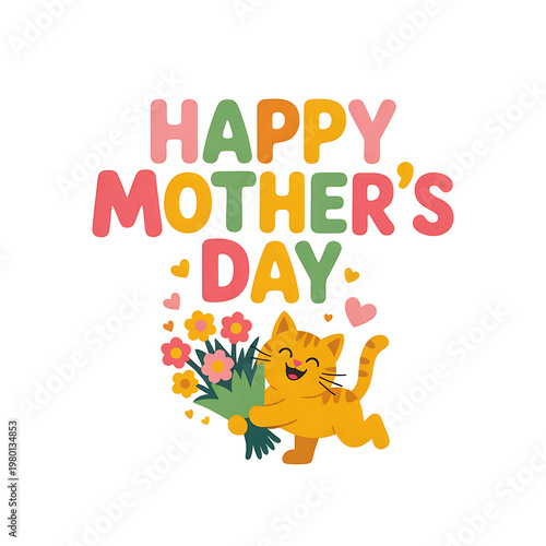 Happy Mother's Day greeting card with cute ginger cat holding a bouquet of flowers and colorful hearts, perfect for celebrating mothers