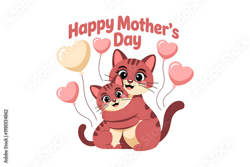 Happy Mother's Day to a wonderful mom from her loving kitten surrounded by heart-shaped balloons