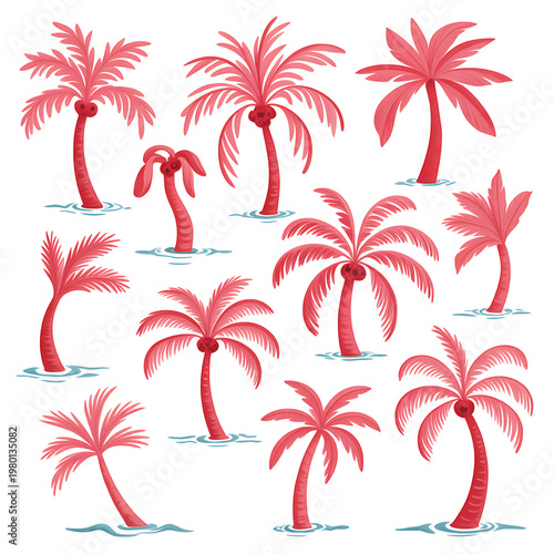 A vibrant collection of stylized pink palm trees with blue water accents, perfect for tropical and vacation-themed designs