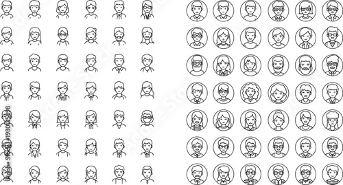 People avatar line icons collection with diverse male and female faces in circle outline vector illustration set
