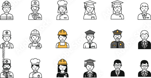 Profession line avatar icons set with doctor engineer police and graduate characters outline vector illustration collection