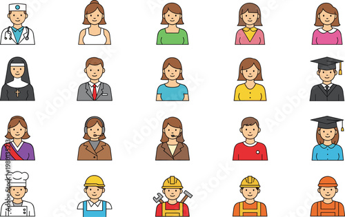 People avatar icons set with diverse professions including doctor teacher engineer and chef flat vector illustration collection