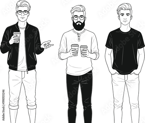 Hand drawn young men characters set with casual outfits holding coffee cups line art vector illustration collection