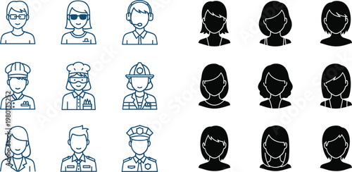 People avatar icons set with line art professionals and silhouette profiles male and female vector illustration collection
