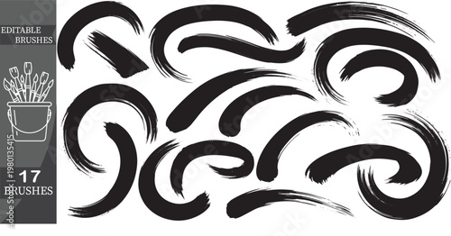 Editable Brush Strokes, Vector Brushes, 17 Black and White Brush Strokes, Digital Art Supplies, Graphic Design Elements