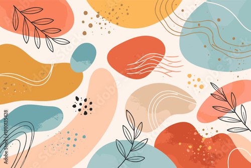 Abstract Hand Drawn Organic Shapes and Leaves Background. Trendy Minimalist Vector Illustration for Cover, Invitation, Banner, Placard, Brochure, and Wallpaper. Modern Earthy Tones Artistic Decor.