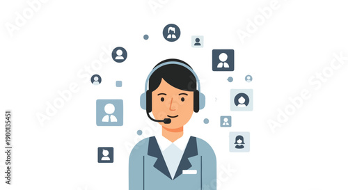 A minimal flat vector image depicting a customer support representative assisting users digitally while wearing a headset, set against a white background.