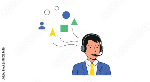 A flat vector illustration of a customer support specialist wearing a headset, helping users online, with simple geometric shapes on a white background.