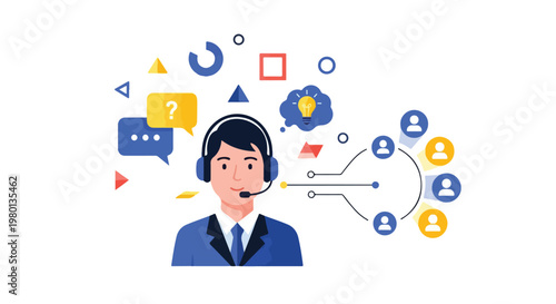 Flat-style vector artwork showing a customer service agent with a headset providing online assistance, featuring minimal geometric forms on a white background.
