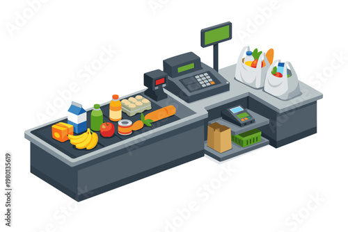 Isometric Supermarket Checkout Counter with Conveyor Belt and Groceries. Retail Store Cash Register with Food Products, Milk, Eggs, Fruit, Bread, Shopping Bags, and POS Terminal Vector Illustration.