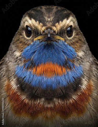 A macro portrait of the dazzling Bluethroat, featuring its vibrant blue and orange throat feathers and piercing eyes against a black background.