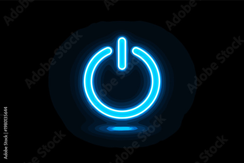 Neon Blue Power Button Icon Glowing on a Black Background, Futuristic Digital Energy Start Switch Symbol, Electric Technology Concept Vector Illustration for Web Design and User Interface.