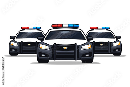 Vector Illustration of a Fleet of Three Police Cars Isolated on White Background. Front View of Law Enforcement Patrol Vehicles with Red and Blue Emergency Lights for Security and Public Safety.