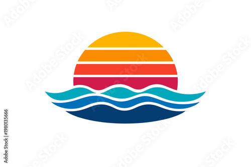 Retro Sunset and Ocean Waves Silhouette Vector Illustration, Bright Vintage 80s and 90s Style Summer Logo or Icon Isolated on White Background, Colorful Gradient Sun and Sea Design Element.