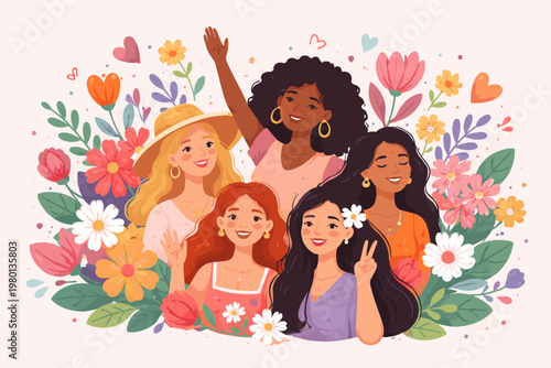 International Women's Day Celebration with Diverse Group of Happy Women Surrounded by Colorful Flowers and Hearts, Flat Vector Illustration of Female Empowerment, Unity, and Sisterhood Concept