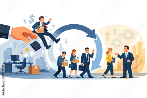 Workforce staff turnover and replacement with new labor. Boss hand throwing employee out of office. Recruitment cycle, hiring and firing process in corporate business environment, human resources.