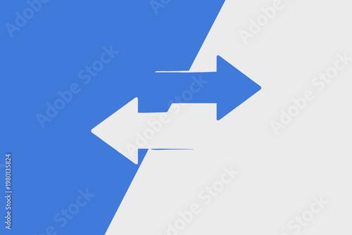 Two opposite horizontal arrows on a split blue and white diagonal background representing global exchange, money transfer, logistics, trade, financial transaction, swap, return, and business flow.