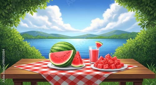 Summer still life watermelon berries and refreshments by a lakeside