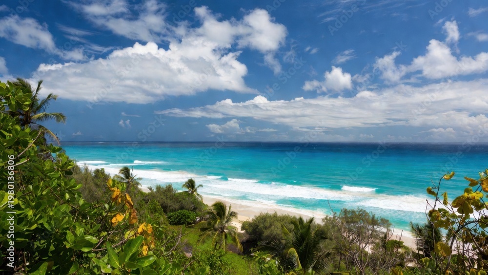 Fototapeta premium Turquoise ocean horizon tropical beach with palm trees for travel background panorama and coastal wallpaper