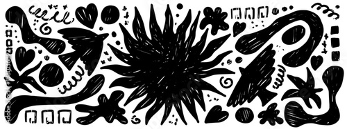 Charcoal linocut birds and sun set with heavy black woodcut texture. Naive crayon folk shapes with bird boho organic doodle and grunge ornaments. Dense vector banner for indie collage and background.