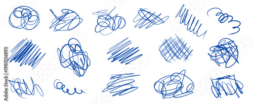 Messy blue pen abstract doodles. Scribbles, naive expressive scratches set. Text highlight lines, circles, chaotic spontaneously underlines and scrawl. Vector pencil brush scratches isolated no bg.