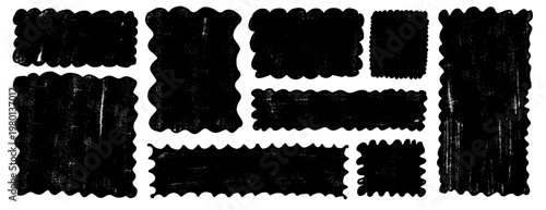 Wavy scalloped grunge frames. Text boxes with wiggle edges set. Urban street distressed wall in rectangular and square figures. Quote charcoal tags with irregular geometrical forms. Vector collection.
