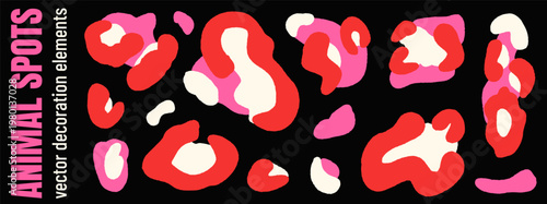 Girly animal spots in red and pink with cream shapes on dark background. Romantic animal elements as a vector decoration set for trendy print. Leopard skin and panther fur for coquette fashion design.
