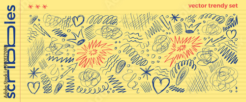 Punk crayon scribbles text highlights decor on yellow legal pad paper. Hand-drawn scratches, squiggles and abstract doodles, naive stars set. Vector irregular oval, crosshatching forms isolated set.
