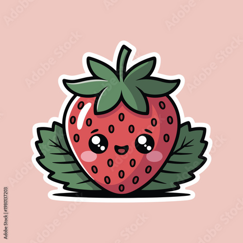Strawberry character illustration displays a bright red berry with green leaves, a joyful face, and blushing cheeks, presented as a cute sticker on a solid soft pink background for creative use.