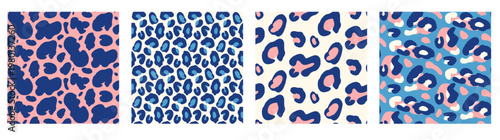 Animal seamless pattern in glam pink and blue with cheetah spot. Girly animalistic theme print collection with camouflage on fashion backdrop. Hand drawn vector set of freeform motifs for textile.