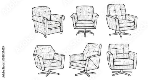 A collection of six different armchair designs rendered as technical line drawings