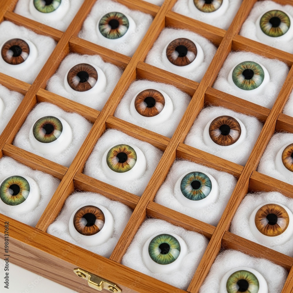 Fototapeta premium An angled perspective of a wooden collection box where each prosthetic eye is nestled in a soft, white cushioned compartment.