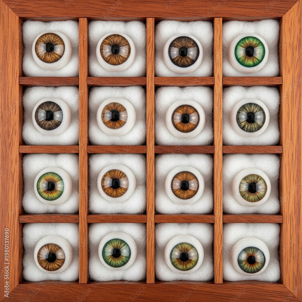 Fototapeta premium A square wooden box divided into sixteen sections, each containing a realistic artificial eye resting on white cotton padding.