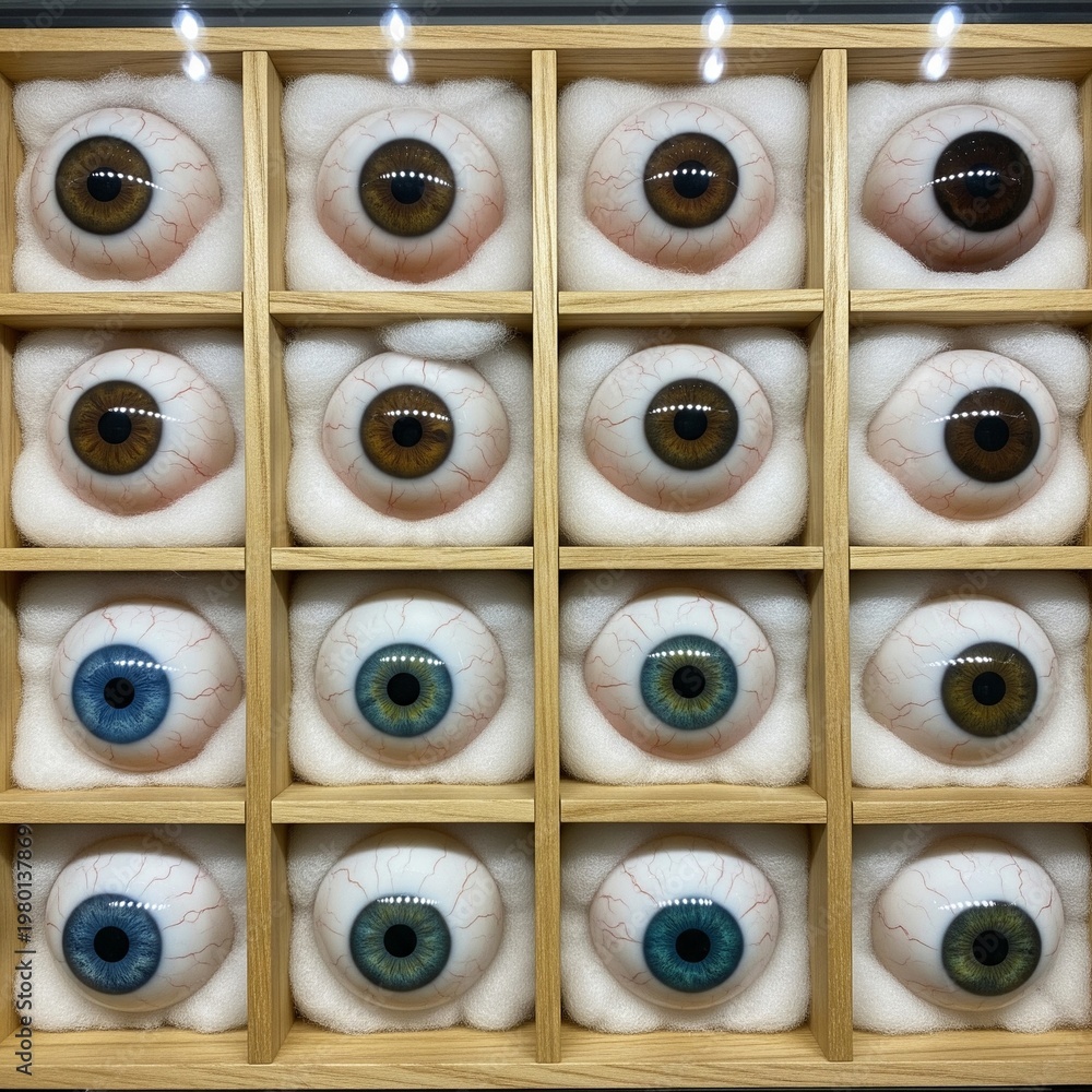 Fototapeta premium Detailed view of sixteen realistic glass eyes with white sclera and visible veins stored in a wooden box
