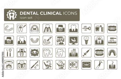 Dental Clinical Icon Set Aligner Tray Bracket Placement Palate Expander Implant Stages Bone Graft Gum Recession Night Guard Whitening Tray CBCT Scan